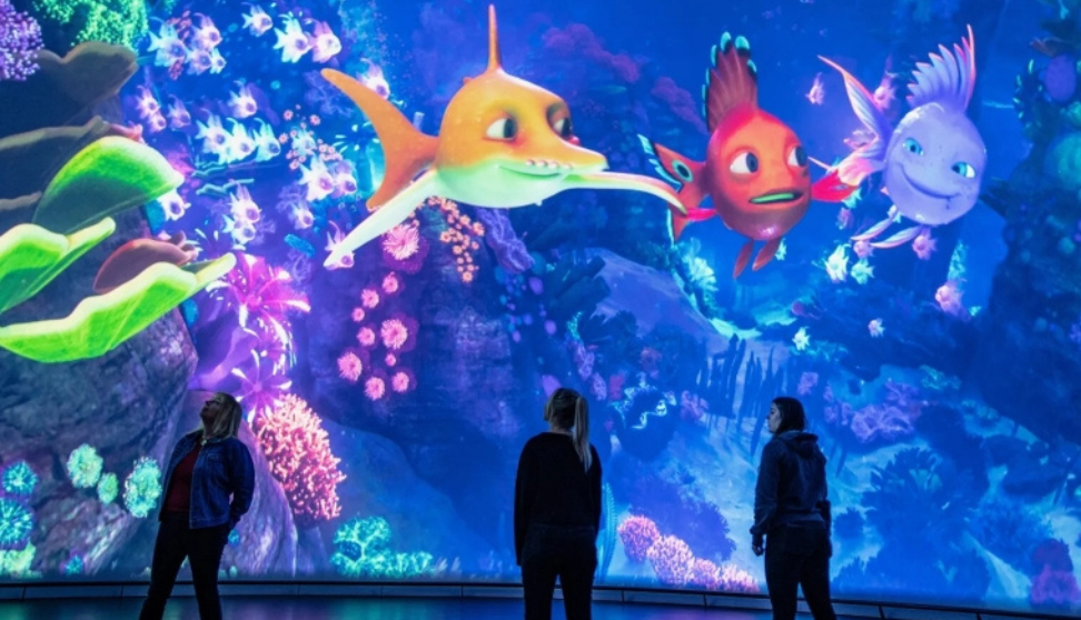 Three people stood in front of a projected screen showing an underwater world